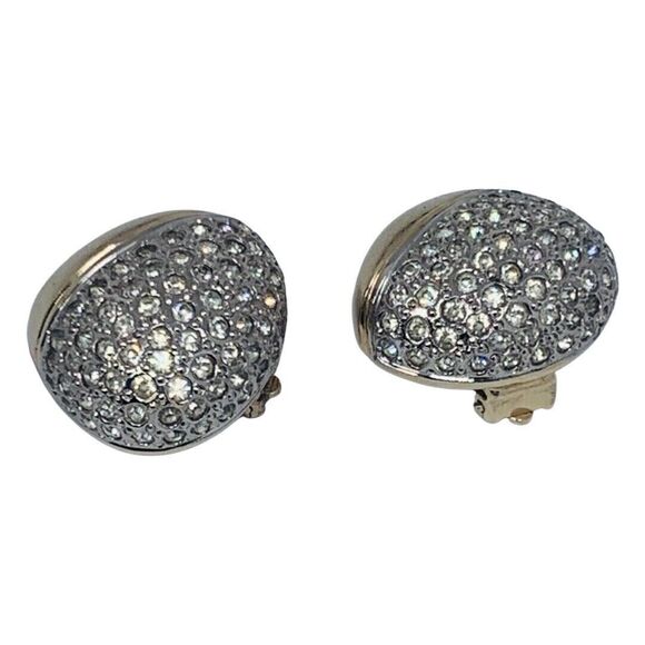 Piscitelli Crystal Dome Gold Button Earrings 1” Clip On Designer - Picture 5 of 12